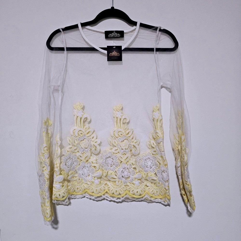 Womens Small‎ Floral Mesh Top White Yellow Sheer Boho Romantic Y2K Fairy NWT ~